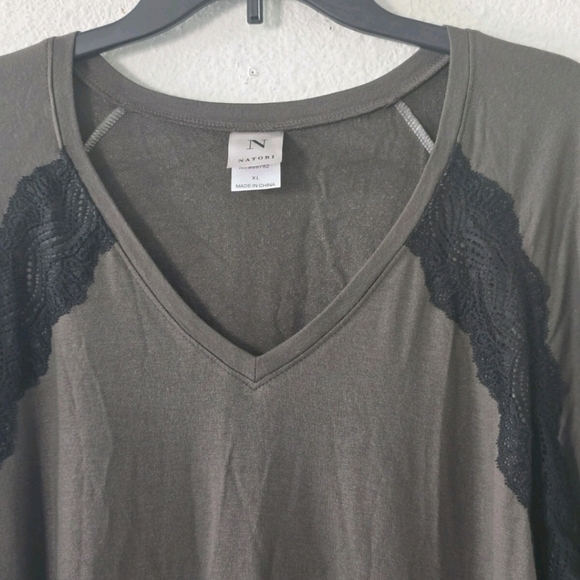 Natori Blouse Women XL Long Sleeve Brown Lace  Vneck Casual Minimalist - Picture 4 of 10